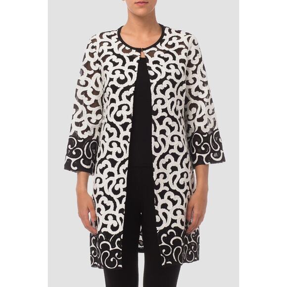 Joseph Ribkoff 3/4 Sleeve Topper Jacket Embroidered Mesh Black White Size 8 - Picture 2 of 7